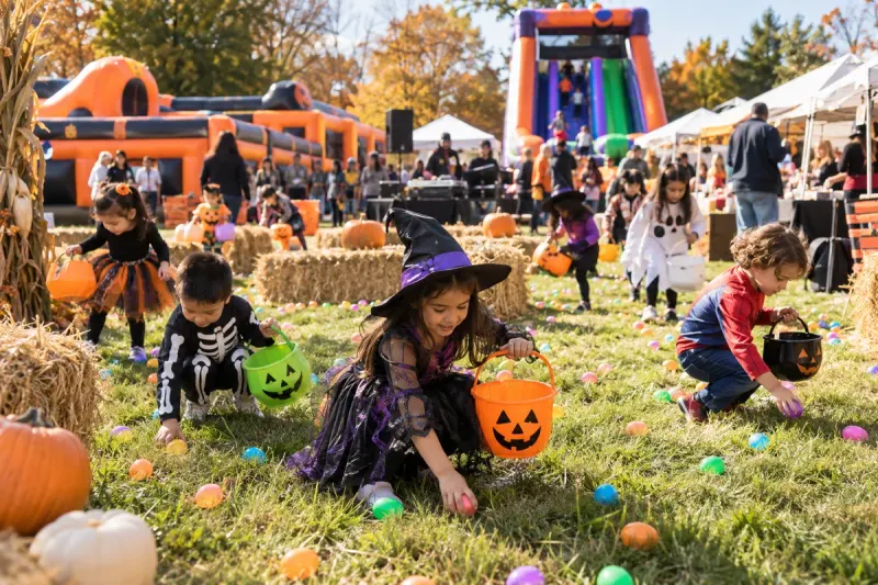Halloween egg hunts, inflatable maze and slides, music, treats, community and food vendors.